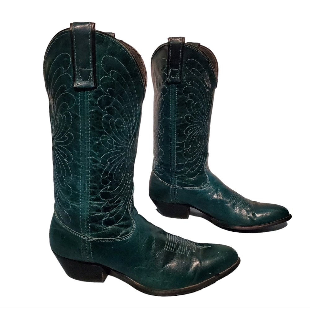 Vintage Green Leather Cowboy Western Boots Women's Size 7.5M, Made In U.S.A. - Picture 5 of 11